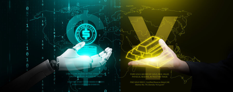 Futuristic concept showing AI robotic hand holding stablecoin versus human hand holding gold bars. Digital finance, fintech, blockchain, and traditional physical asset investment.