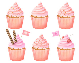 Watercolor pink cupcakes set with cream, cherries, hearts and flags. Cute hand painted desserts for birthday and bakery design
