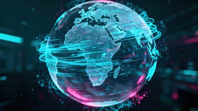 A luminous digital projection of planet Earth with swirling data rings.