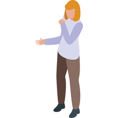Isometric view of a person with blonde hair wearing a light blue sweater and brown pants gesturing with their right hand and holding their left hand to their chin on a transparent background