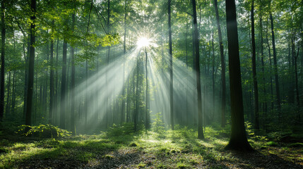 Obraz premium Sunlight streaming through tall trees creates serene atmosphere in lush forest