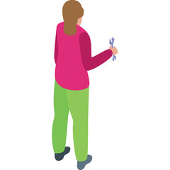 Isometric View of a Woman Holding a Wrench Wearing a Pink Long Sleeve Shirt and Green Pants White Background