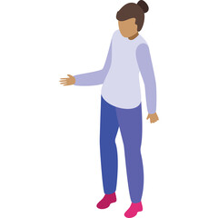 Isometric View of a Woman Wearing a Light Blue Sweater and Purple Pants with Pink Shoes Standing Against a White Background with Her Hand Extended in a Gesturing Pose