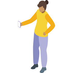 Isometric view of a woman with brown hair in a yellow long-sleeved shirt and light purple pants holding a white smartphone in a clear background