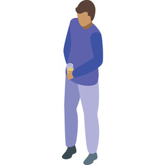 Isometric View Of A Man Holding A Glass Wearing A Blue Long Sleeved Shirt And Light Purple Pants On A White Background