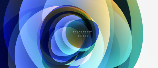 Abstract swirling layers, vibrant blues, greens, yellows. Concentric shapes create dynamic visual effect. Modern design element.