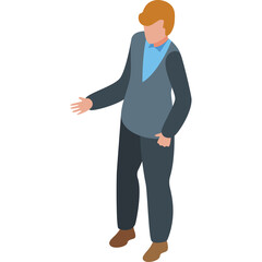 Isometric view of a man in a blue collared shirt and grey vest standing against a white background with his left hand extended forward in a gesture of explanation