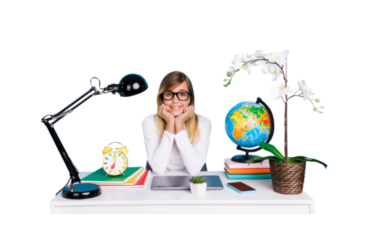 Composite photo collage of happy blonde girl sit table desk lamp orchid flower globe supplies school plant isolated on painted background