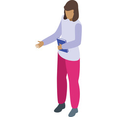 Isometric view of a person holding a blue book and wearing a lavender long sleeve shirt and pink pants against a white background graphic design