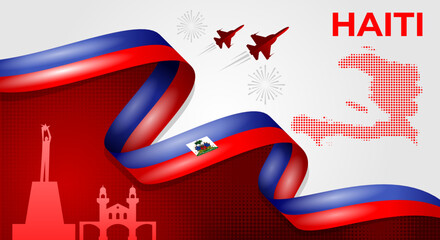Haiti Independence Day Banner with Flag Ribbon and Landmarks