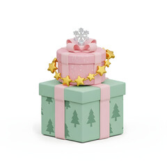 Obraz premium Festive stacked gift boxes with pink ribbon and golden stars a sparkling snowflake topper isolated on white background