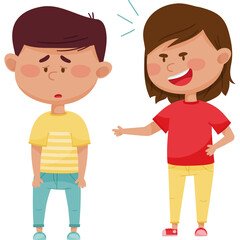 Cartoon boy looking sad and confused while a girl laughs and points at him in a funny illustration of teasing or bullying on a white background