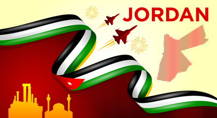Jordan Independence Day Banner with Flag Ribbon and Landmarks