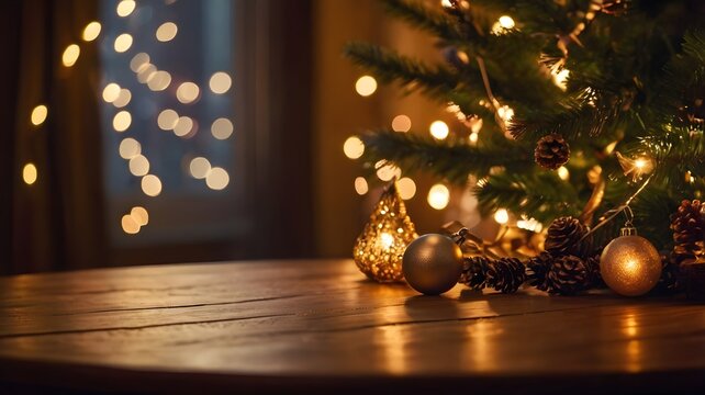 Cozy cinematic photo of an empty wooden table in warm soft light, with a blurred Christmas background featuring a glowing tree and golden fairy lights. Perfect for festive product mockups. - Powered by Adobe