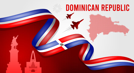 Dominican Republic Independence Day Banner with Flag Ribbon and Landmarks