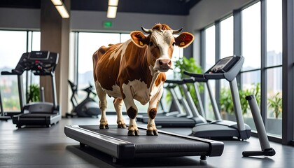 A brown and white cow stands on a treadmill in a gym with treadmills and plants by large windows