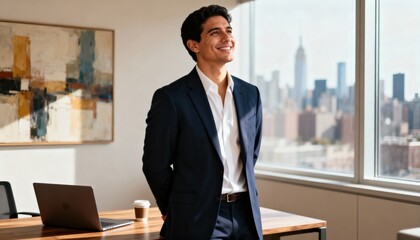 Fototapeta premium Confident young Hispanic businessman in suit stands in modern office with city skyline view. Successful professional executive portrait, concept of career ambition, leadership.