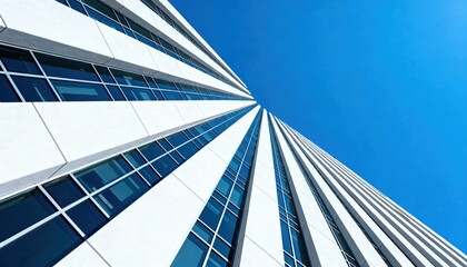 Low angle view of a modern skyscraper. Corporate office building facade with glass windows. Abstract architectural background with blue sky. Business success and growth concept.