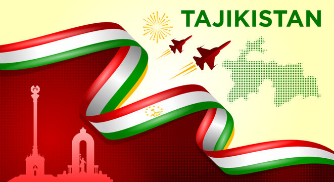 Tajikistan Independence Day Banner with Flag Ribbon and Landmarks