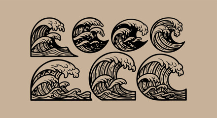 Obraz premium Collection of stylized japanese wave illustrations in woodblock print style