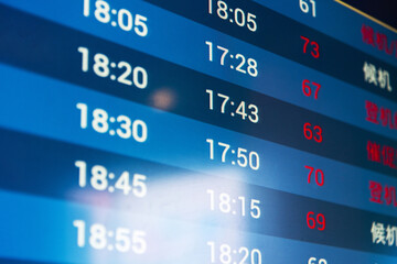 Close up of flight information board. The Chinese characters on the right display boarding