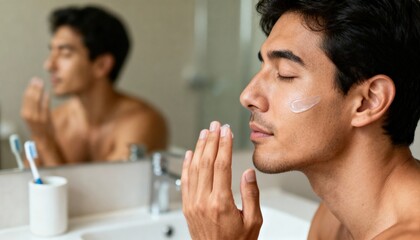 Mid adult multiethnic man applying moisturizer on face. Male beauty skin care routine. Man grooming, applying cosmetic cream on cheek for anti-aging treatment and wellness.