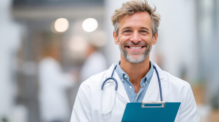 Cheerful latin american doctor with clipboard in medical office