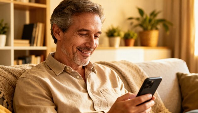 Happy mature man relaxing on couch at home using smartphone. Smiling senior male reading text message, browsing social media or checking email. Modern retirement lifestyle.