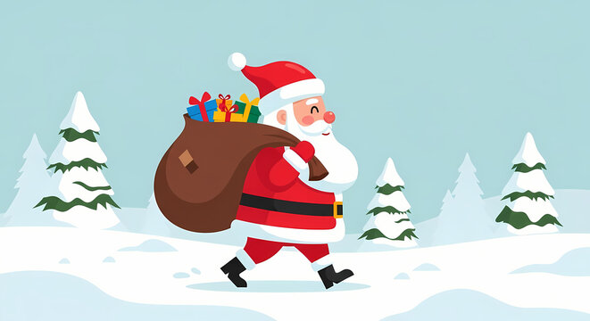 Vector illustration of Santa Claus in his classic red suit, walking through a snowy fir forest on a clear winter day.