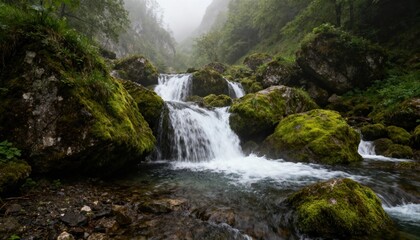 Fototapeta premium Serene mountain waterfall with wild water rushing over mossy rocks in a lush green forest. River stream cascade landscape on a misty foggy morning. Concept of pure nature.