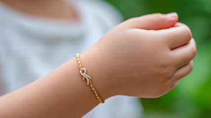 Gold ribbon charm bracelet adorned on a child's wrist in natural light