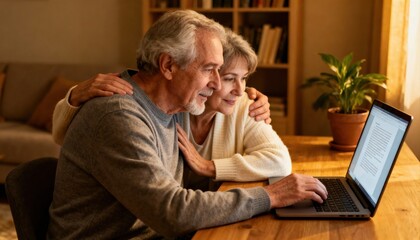 Happy senior couple using laptop together at home. Affectionate elderly man and woman embracing while working online, browsing or shopping. Love, technology and retirement concept.