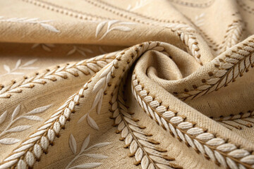 A swirl of warm beige fabric featuring delicate, handcrafted leaf and braid embroidery