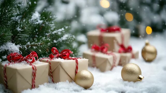 Wrapped Christmas presents with red bows placed in snow among fir branches and golden ornaments. Snow is falling gently. Magical winter holiday atmosphere.