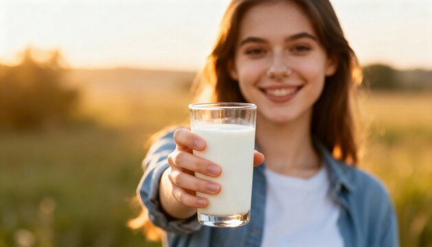 Happy beautiful woman offering a glass of fresh milk in a field at sunset. Healthy lifestyle, diet, nutrition, dairy product, calcium, protein, wellness, natural drink concept.