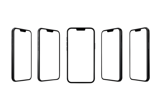 Five modern smartphones displayed at different angles isolated on transparent background