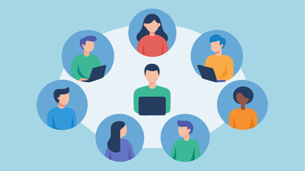 Avatars seated in a circular formation engaged in a peer review session sharing feedback on each others work.