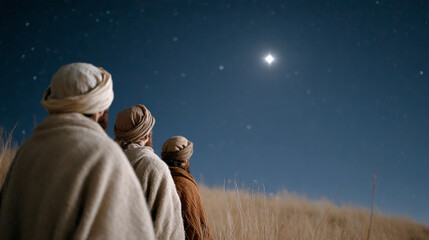 Shepherds witnessing the angelic message under a starry sky in a serene landscape