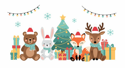 Obraz premium Vector illustration of a snowy forest landscape featuring fir trees and a cute cartoon bear standing next to a small decorated Christmas tree