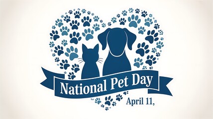 National pet day graphic with a cat and dog silhouette inside a heart shape made of paw prints, isolated on white background