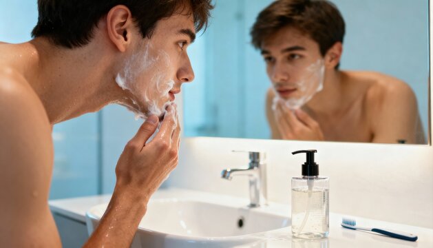 Men's grooming and skincare concept. Handsome young man applying face wash cleansing foam in the bathroom. Daily morning routine for healthy skin, hygiene, and self-care.