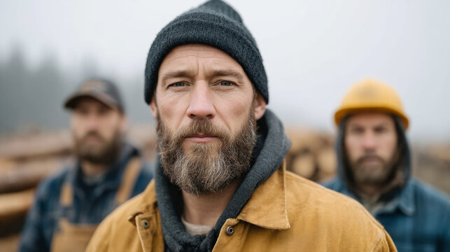 Three caucasian adult males outdoors in winter apparel with beanies and jackets
