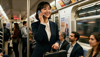 Smiling Asian business woman talking on smartphone in a crowded subway. Successful female professional commuting on public transport. Modern city life and mobile communication.