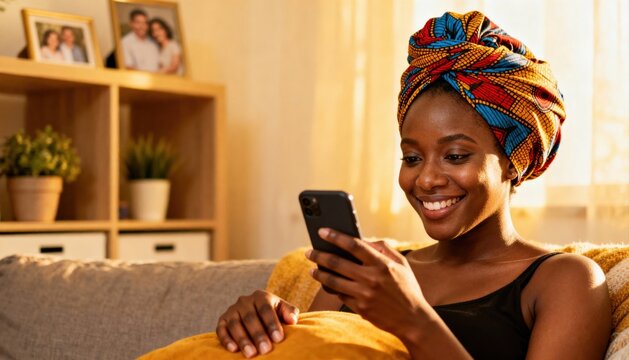 Smiling black woman in colorful traditional African turban relaxing on a cozy sofa at home, using her smartphone. Concept of modern lifestyle, communication, and technology.
