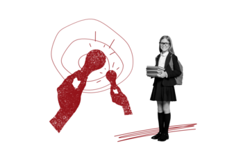 Composite artwork collage image picture of mini girl book big arms light bulb isolated on creative background