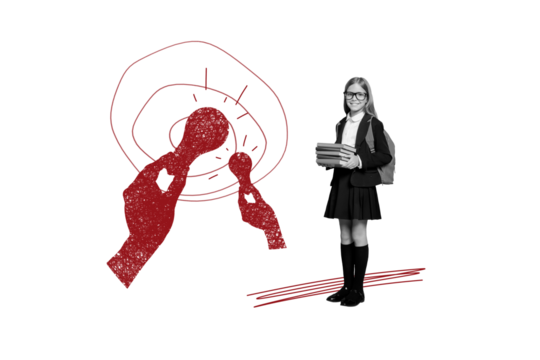 Composite artwork collage image picture of mini girl book big arms light bulb isolated on creative background