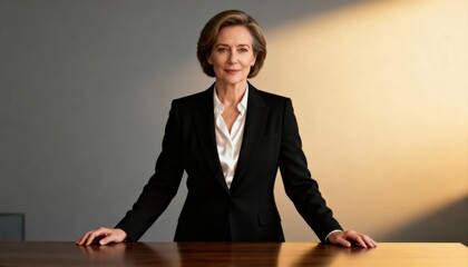 Successful mature business woman portrait. Confident female CEO or manager in her office looking at camera. Concept of leadership, empowerment, and corporate success. Elegant professional.