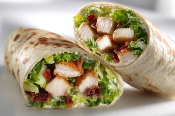 Chicken Caesar Wrap. Delicious Sandwich with Caesar Salad and Chicken in White Background