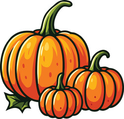 Three bright orange pumpkins with green stems symbolizing autumn harvest season