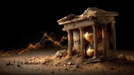 Weathered hourglass with sand symbolizing the passage of time amidst scattered debris and golden financial trends on a dark background